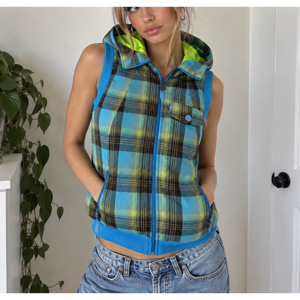 Burton Womens M DryRide Plaid Hooded Vest Blue Green Snowboard Ski Y2K
